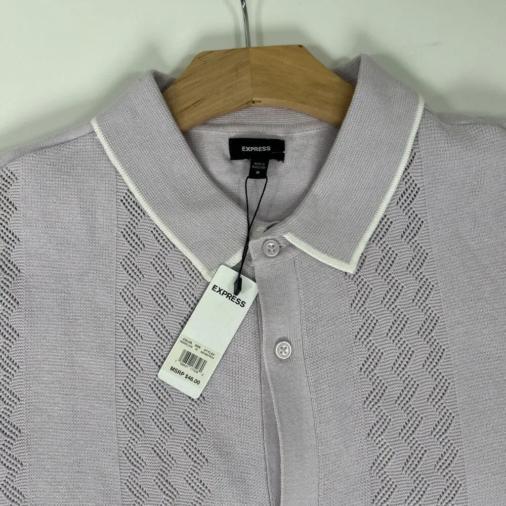 NWT Express Men’s Medium Button Down Collard Style Knit Shirt 100 % Cotton LILAC - Picture 2 of 7